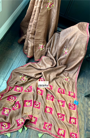 Pure Tussar Silk - Rusty Brown Embroidered