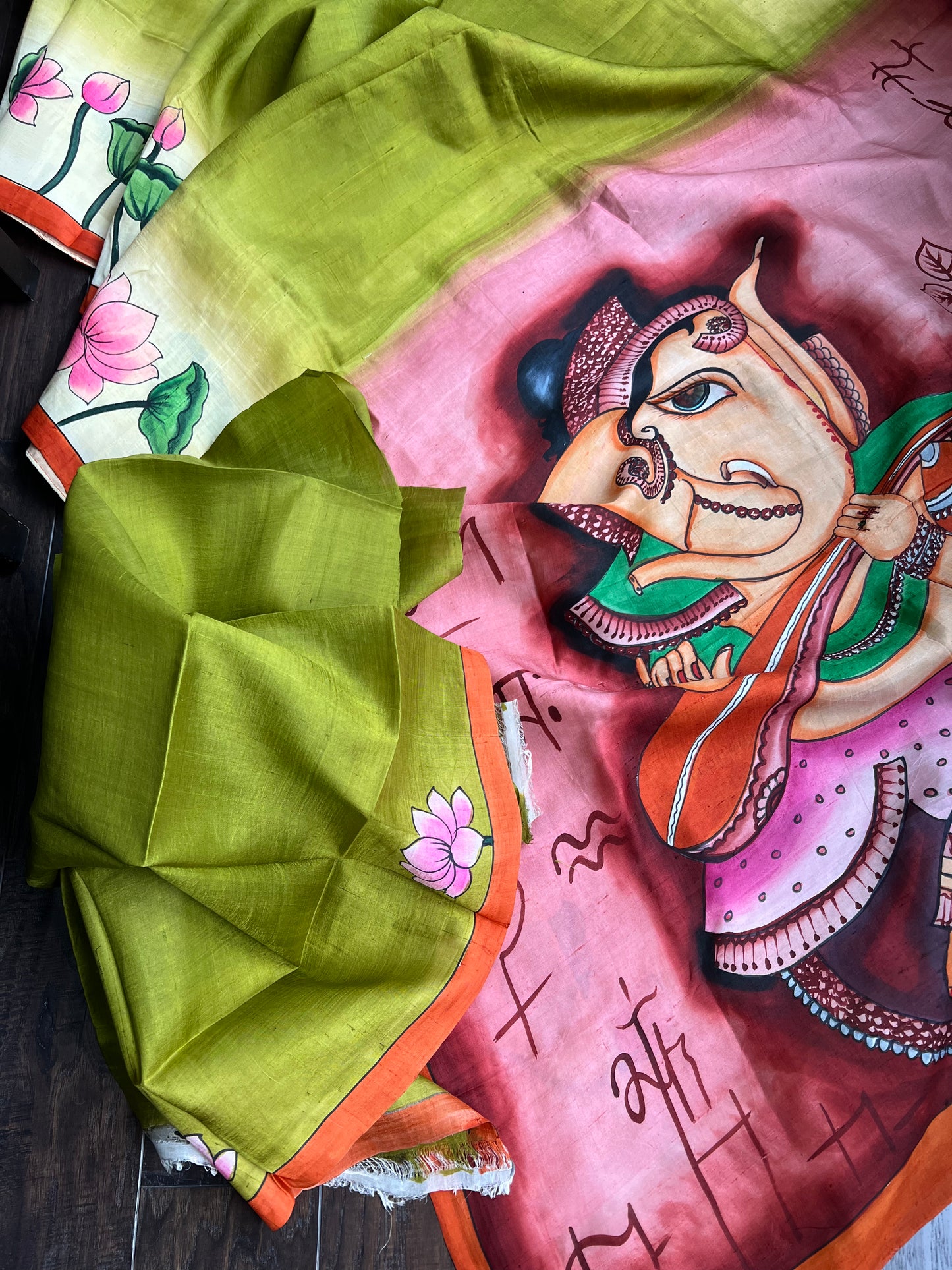 Hand Painted Tussar Silk - Mehendi Green Ganesha