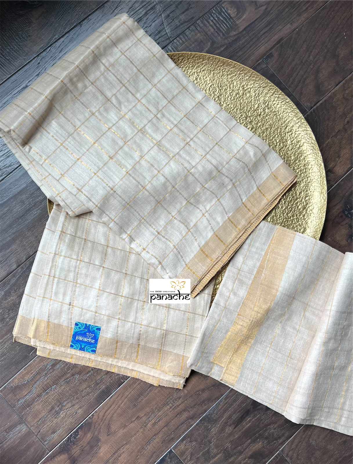 Tussar Silk - Beige Golden Zari checks