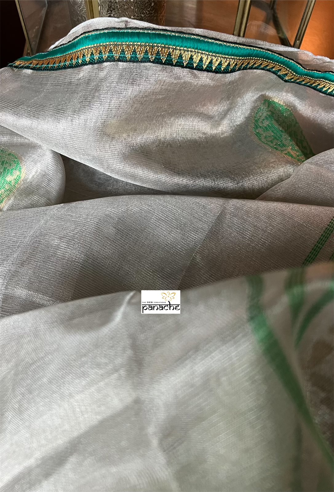 Pure Tissue Silk - Silver Body Green Motif