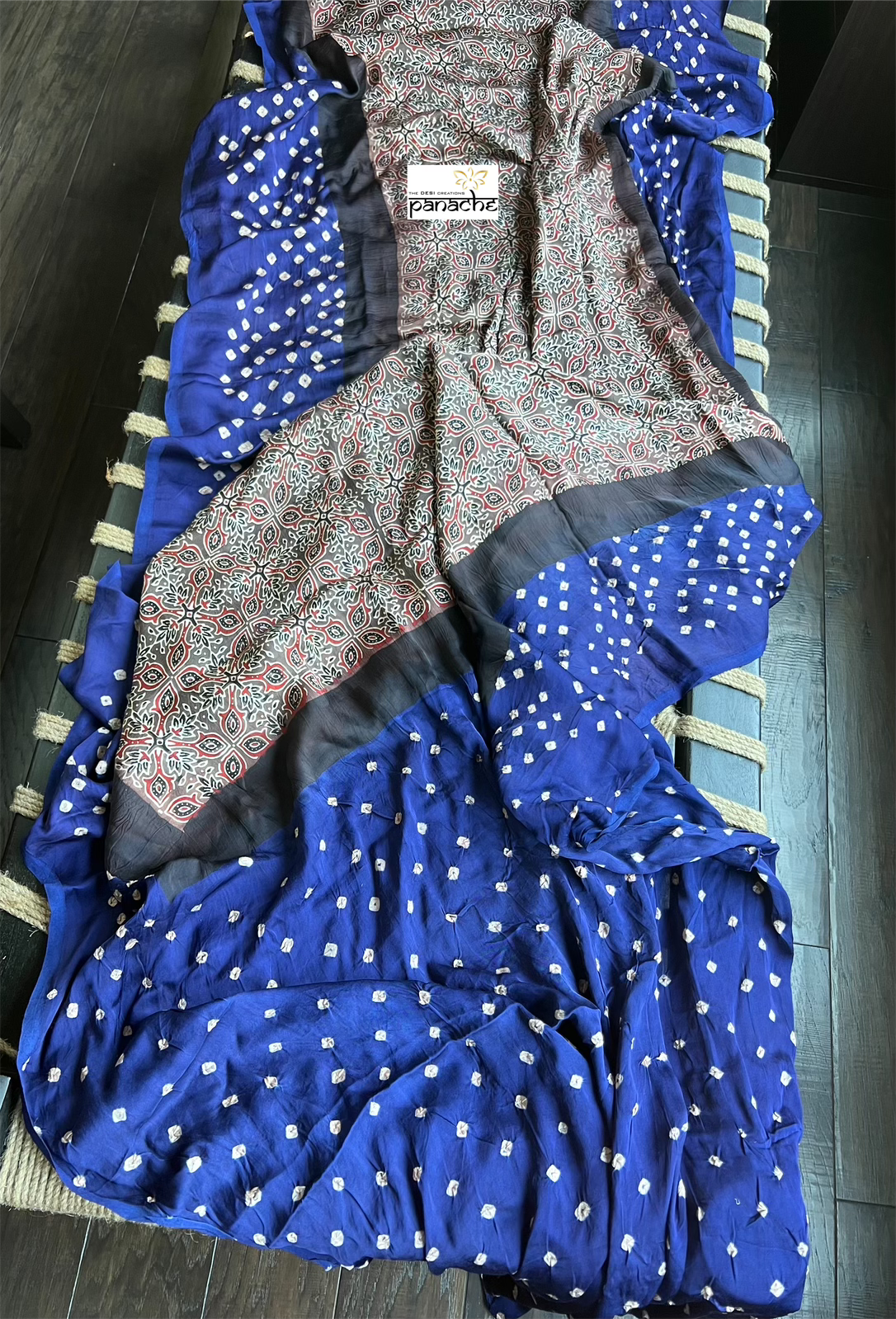 Modal Silk Ajrakh Bandhej - Mocha Brown Blue