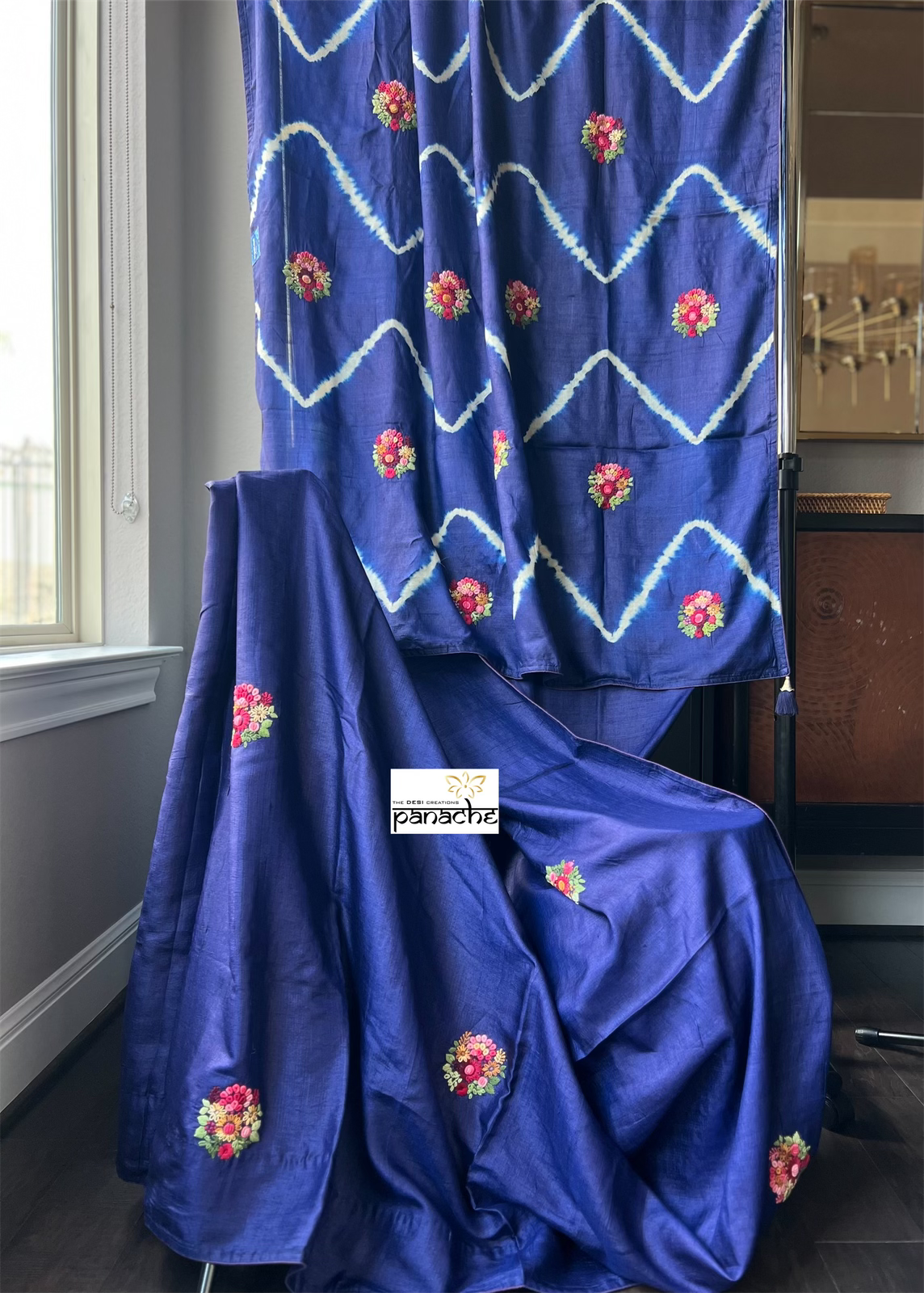 Pure Tussar Silk - Royal Blue Embroidered