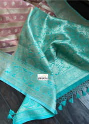 Kora Silk Banaras Chanderi - Peach Sea-Green