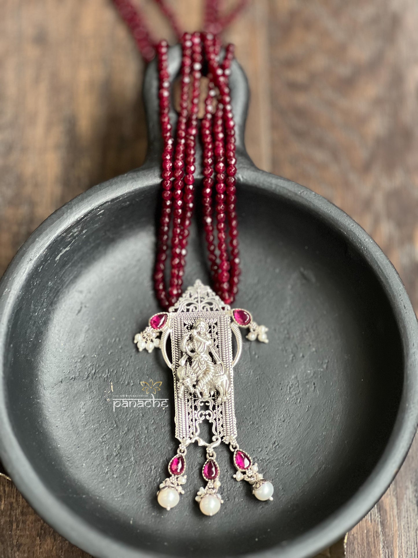 Silver Beaded Necklace - Krishna Pendant