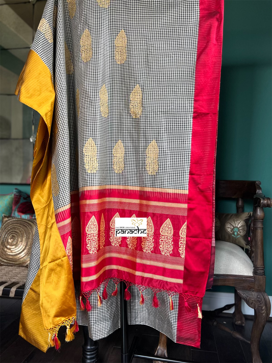 Katan Silk Banarasi -  Black Red Yellow Checkered Kadwa
