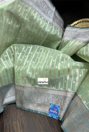 Kora Silk Banaras Chanderi - Pista Green Grey