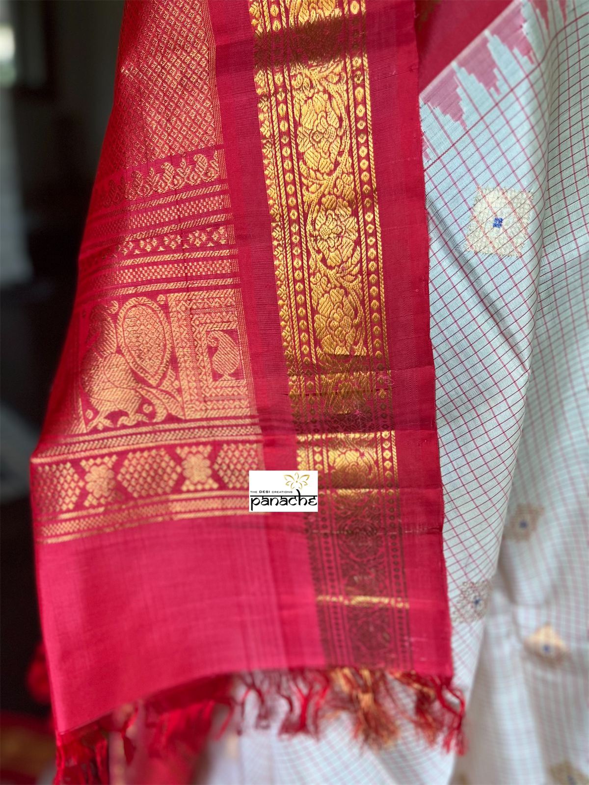 Pure Silk Gadwal - Cream Raspberry Red