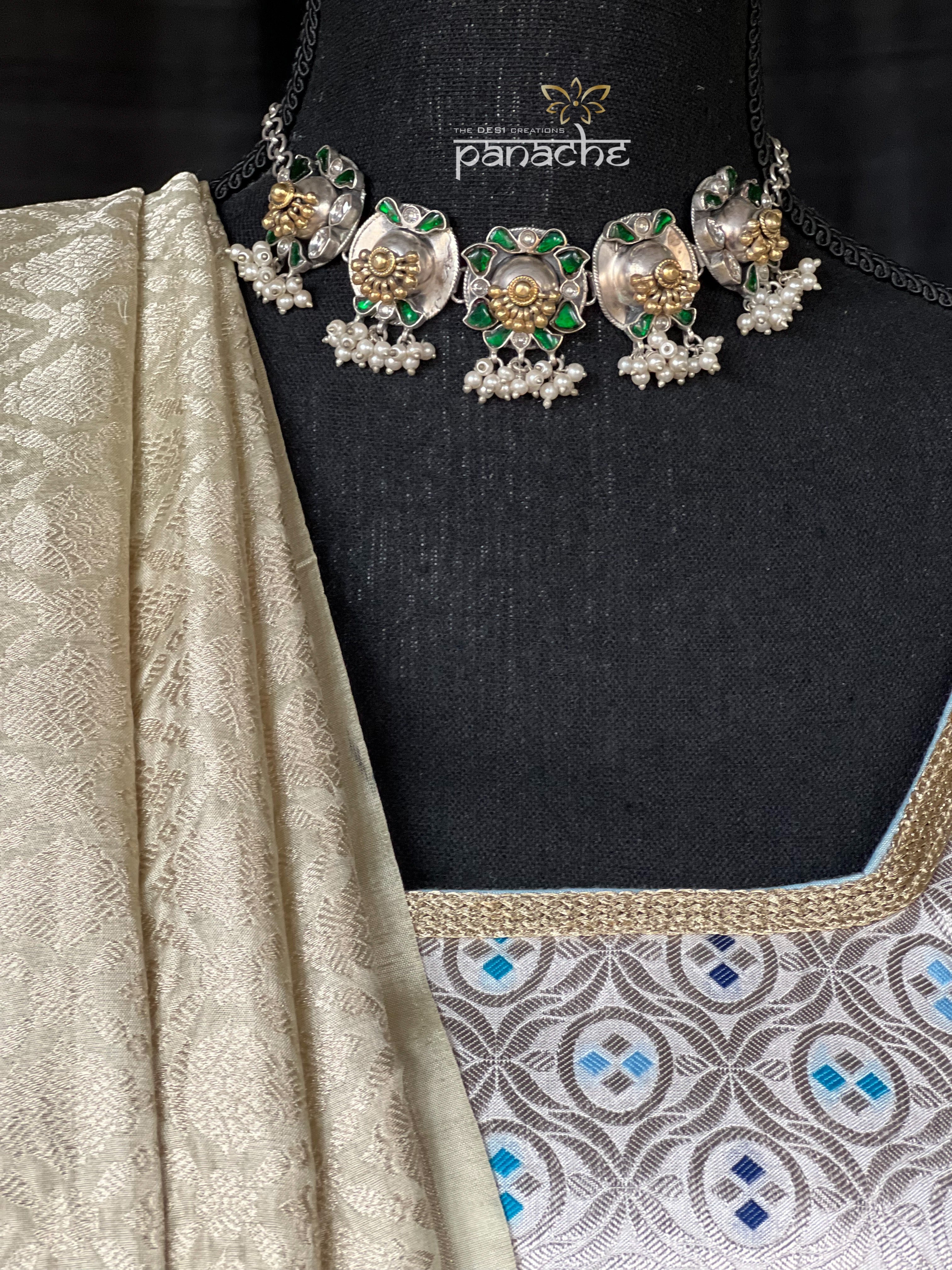 Silver 925 Choker Earring Set - Green Kundan