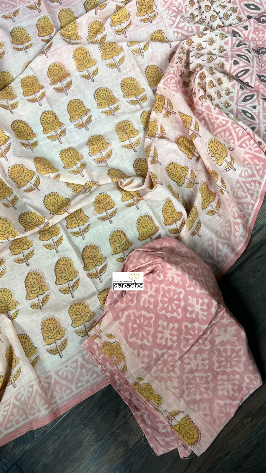 Pure Mul Cotton Mud Print - Light Peach Pink Green lotus