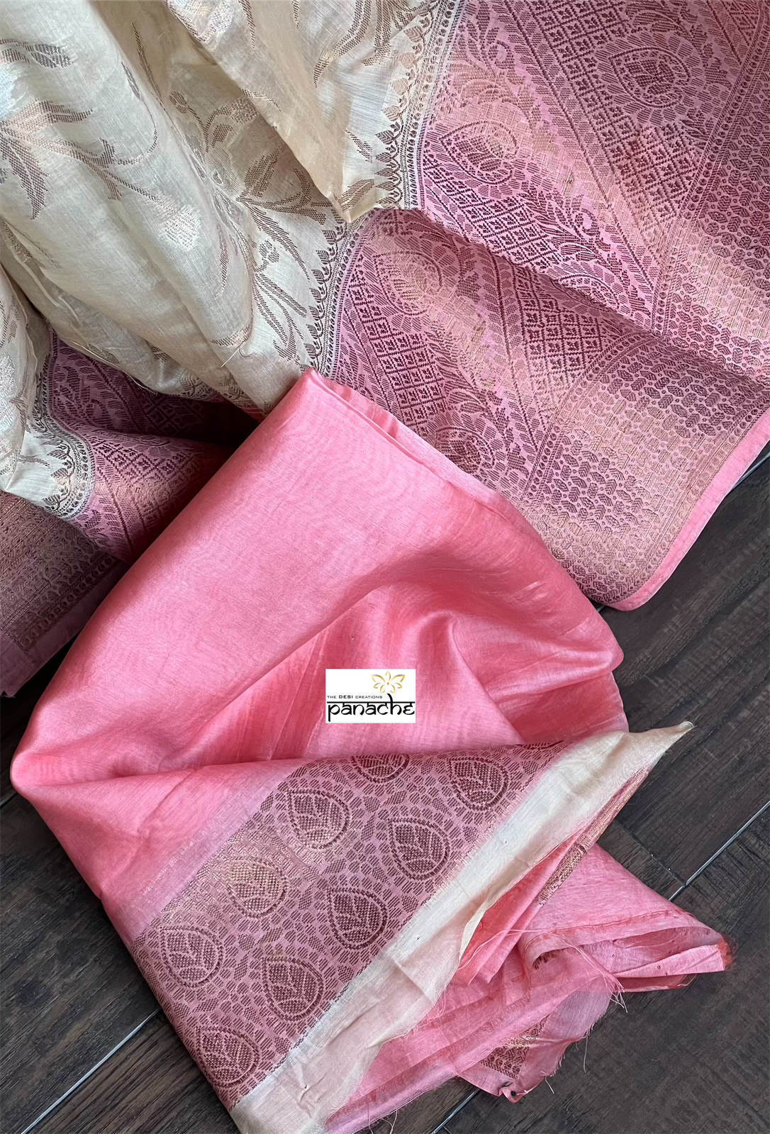 Mulmul Tissue Cotton Banarasi - Tan Beige Pink Golden Zari