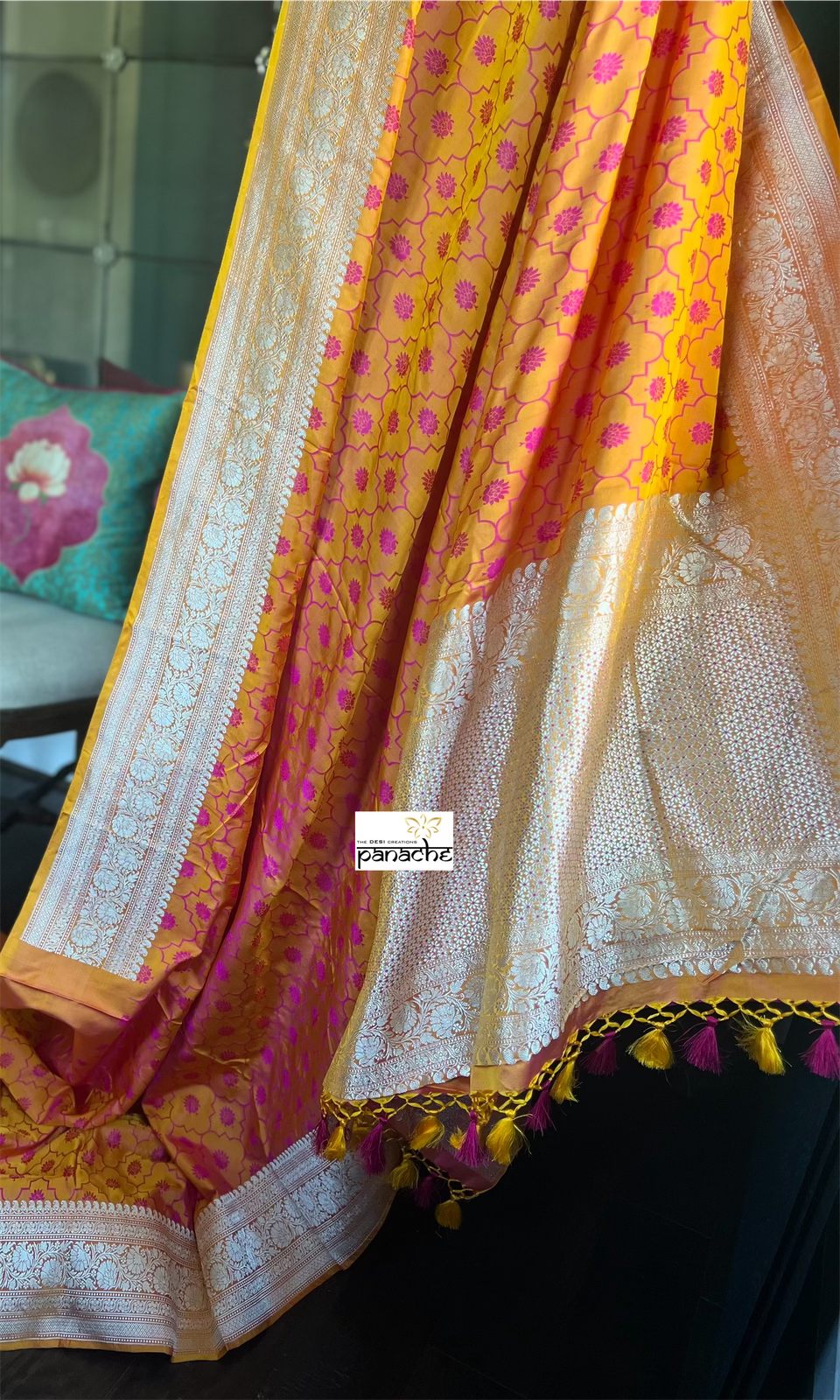 Pure Silk Mashru Silk Banarasi- Mustard Yellow Pink