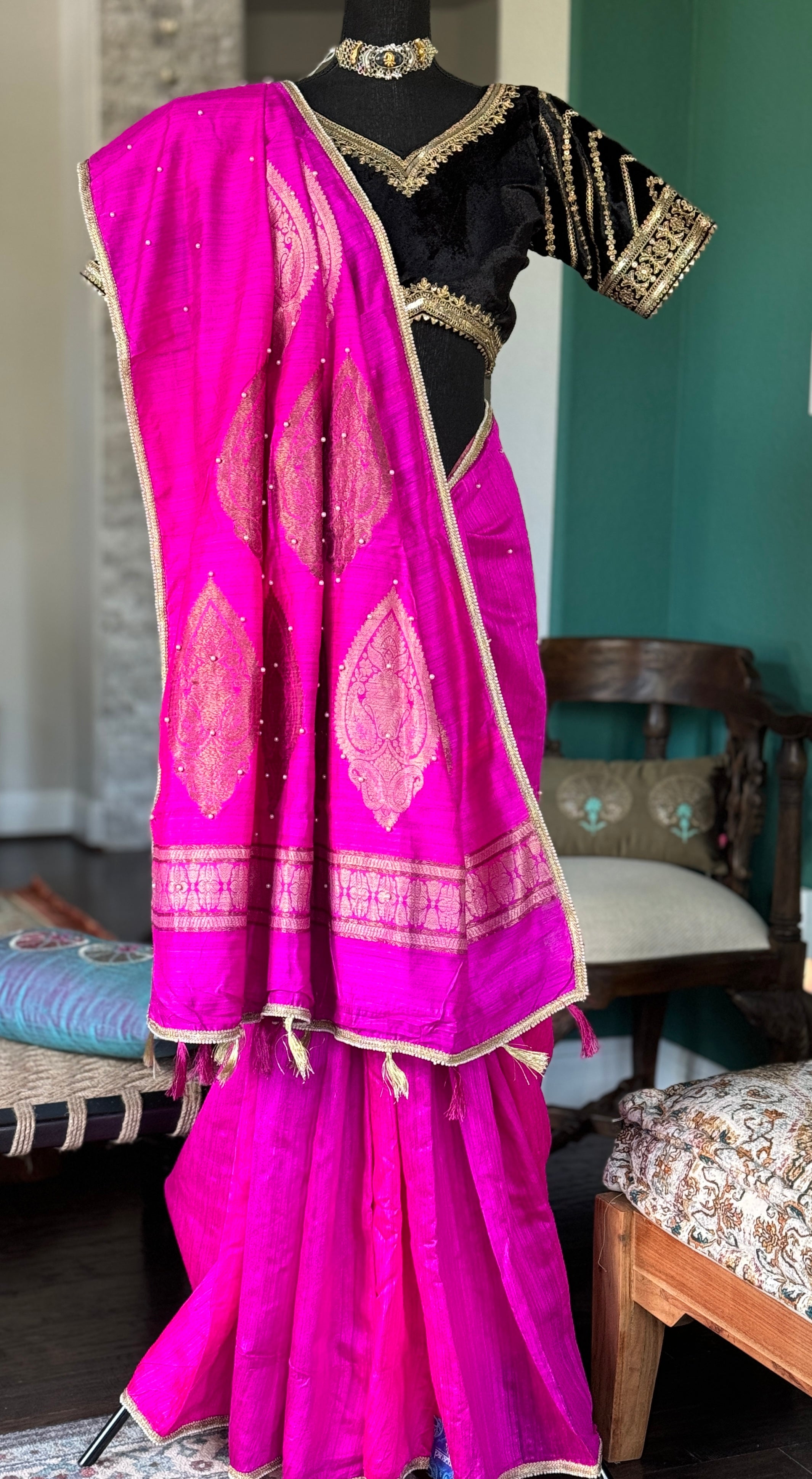 Designer Raw Silk Banarasi Shaded - Hot Pink Magenta