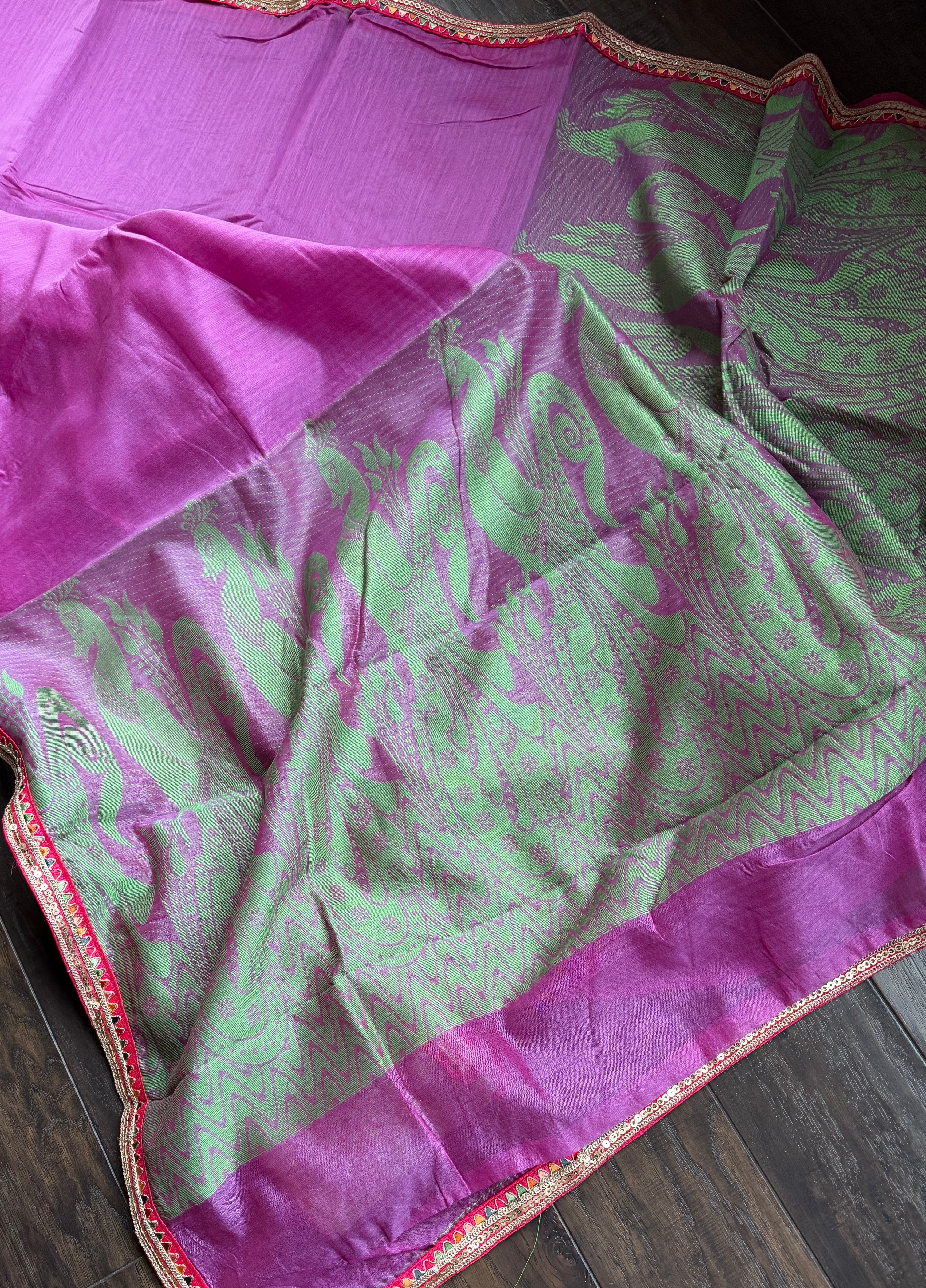Designer Chanderi Silk Cotton - Pink Green