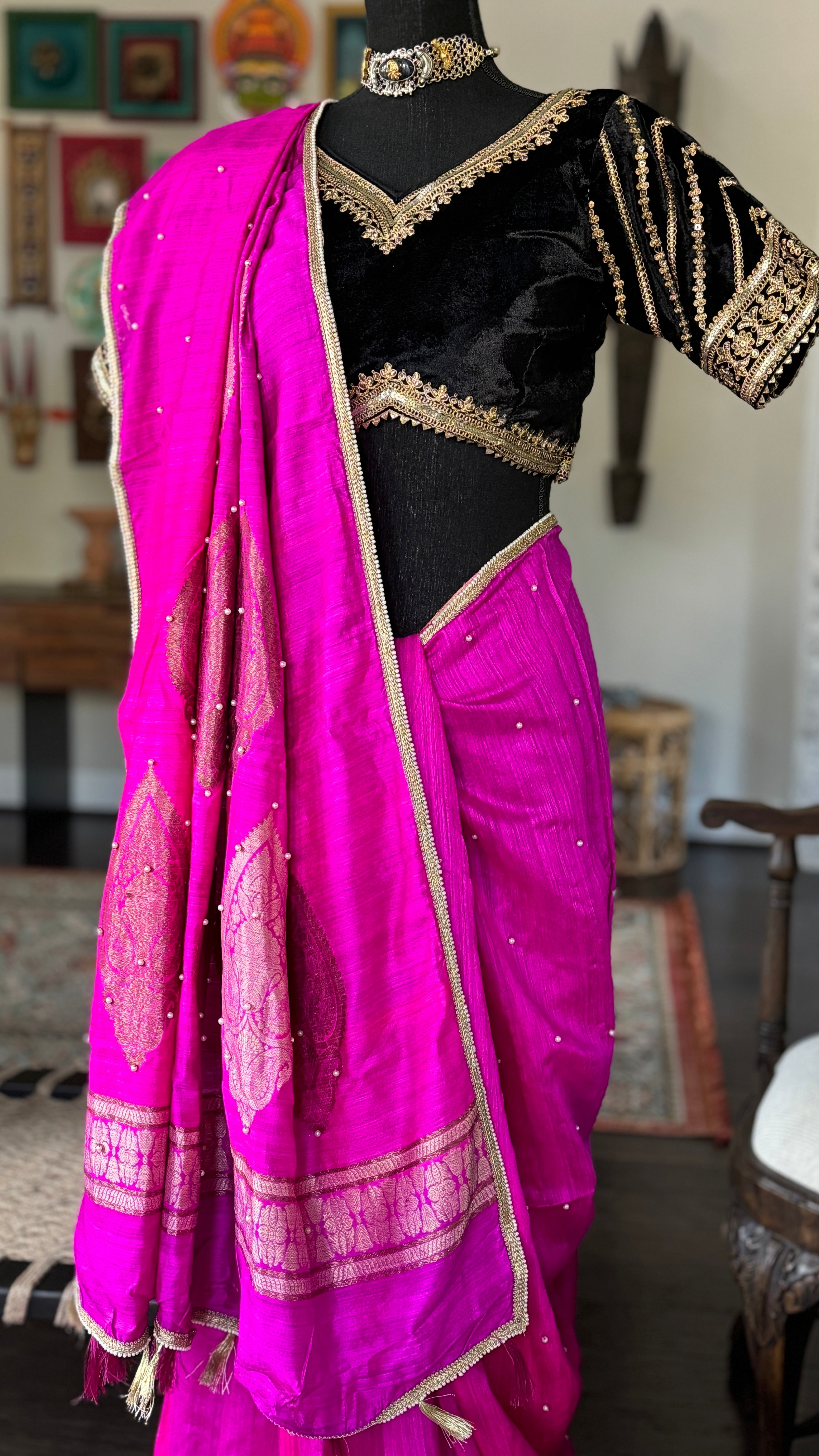 Designer Raw Silk Banarasi Shaded - Hot Pink Magenta