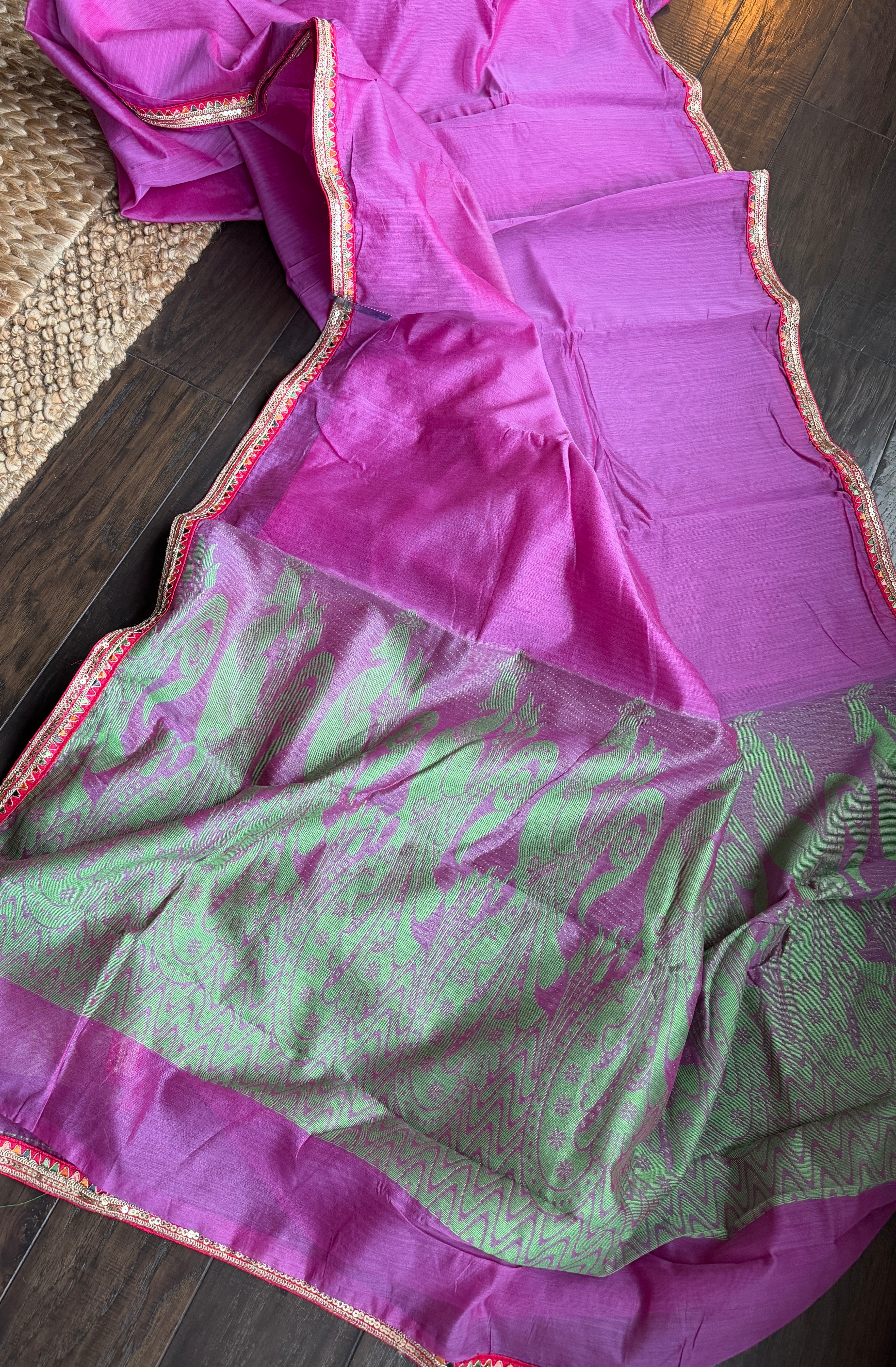 Designer Chanderi Silk Cotton - Pink Green