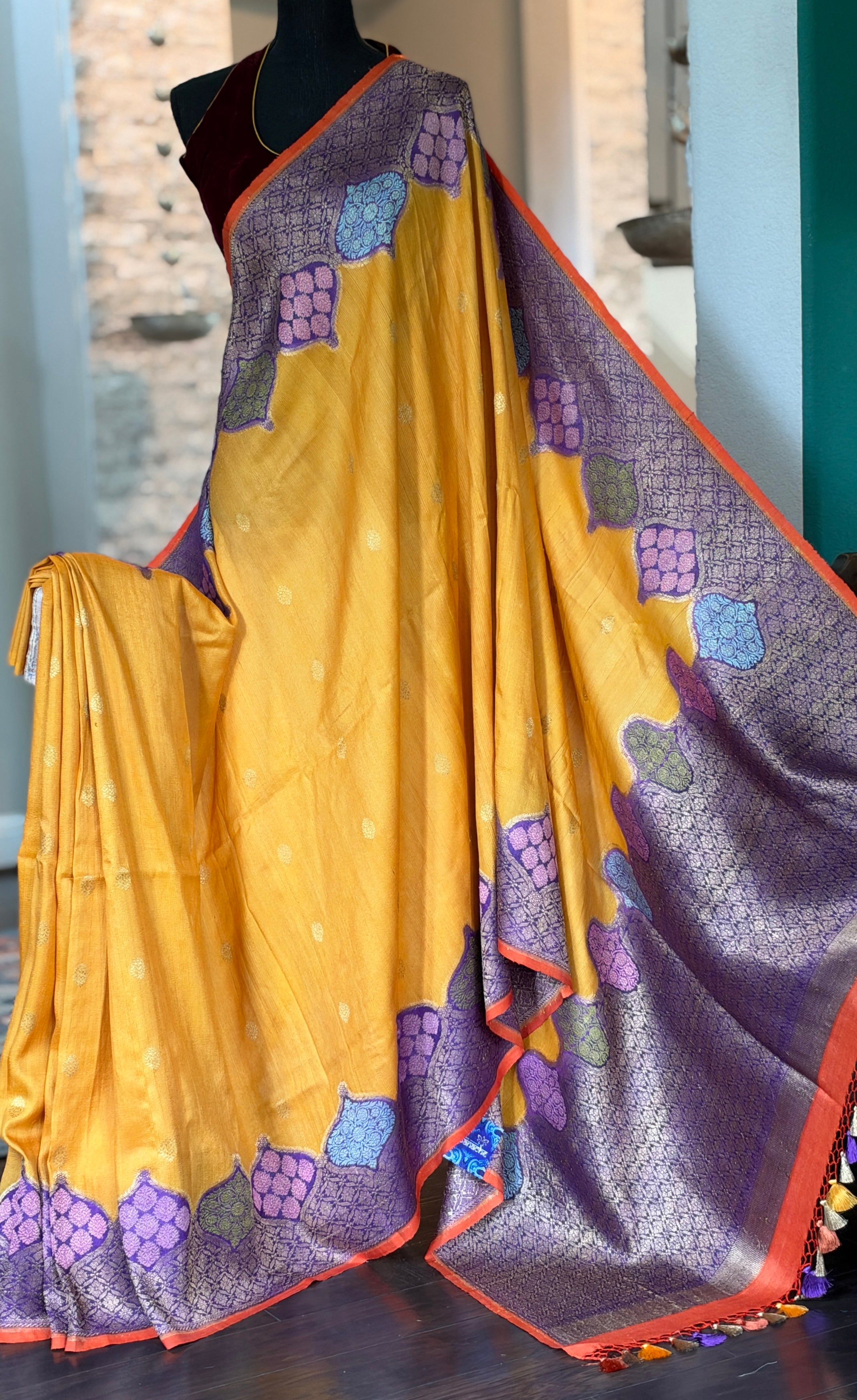 Tussar Georgette Banarasi - Mustard Yellow Purple