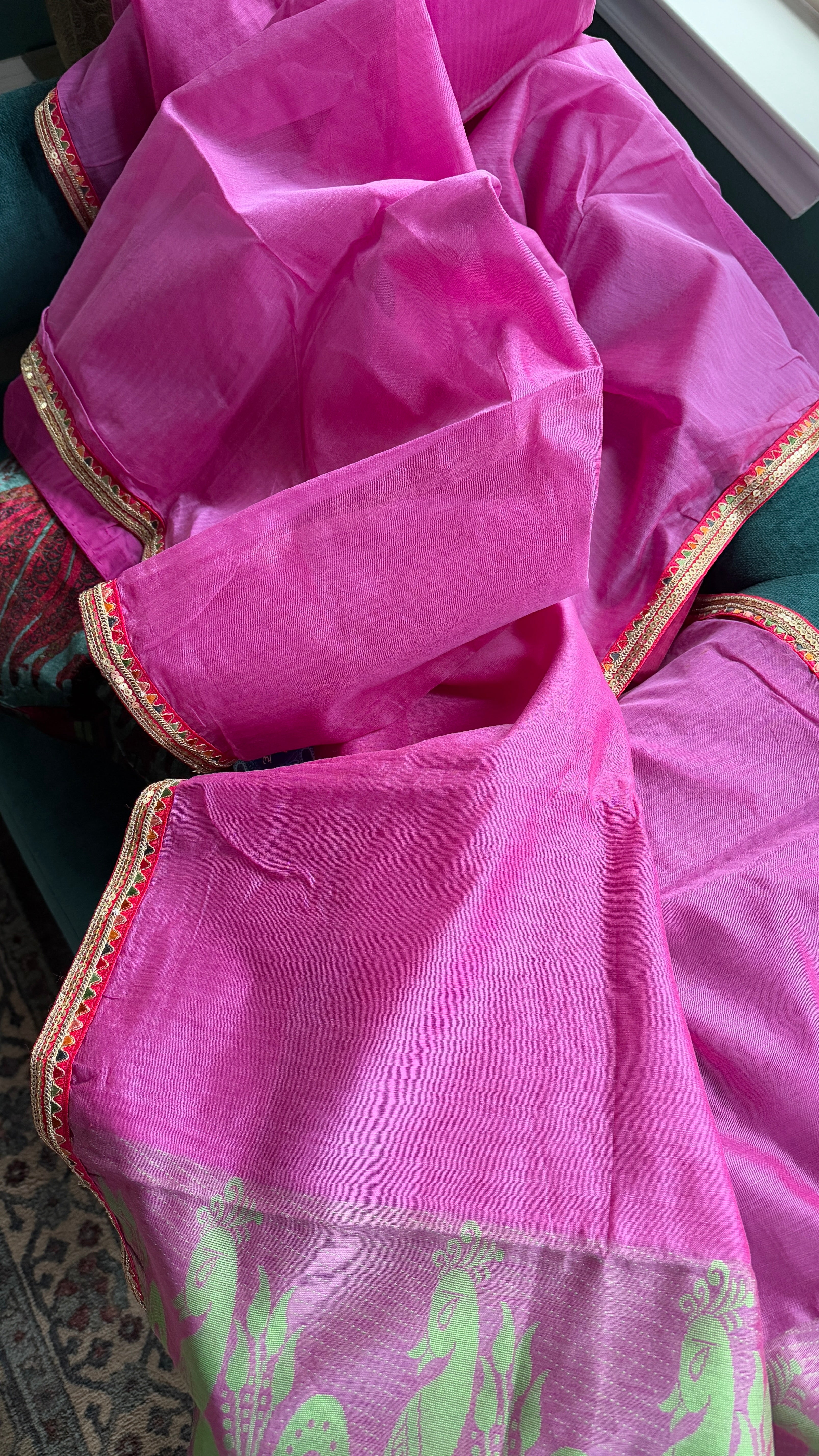 Designer Chanderi Silk Cotton - Pink Green