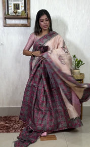 Pure Tussar Silk - Beige Grey Red Hand-Block Printed