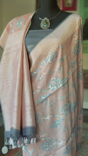 Khaddi Tussar Banarasi -  Peach Pink Grey Tilfi Antique Zari