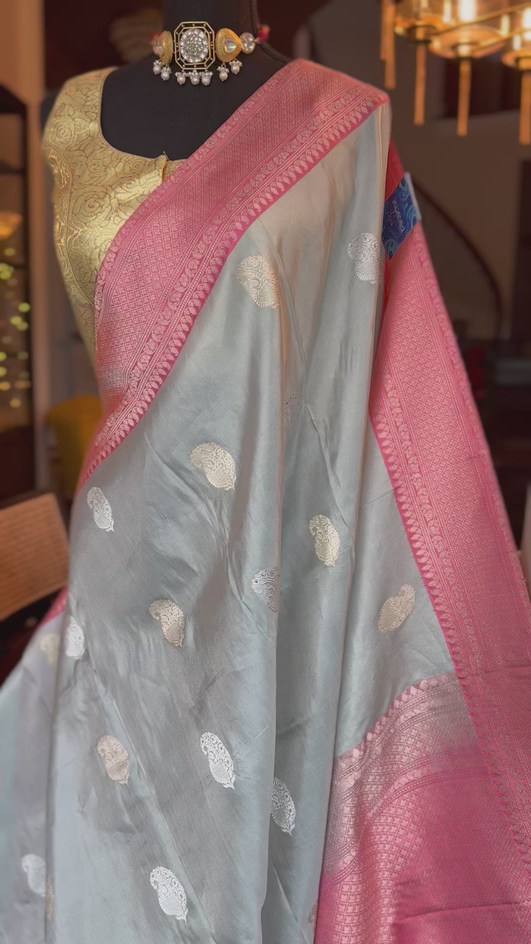 Pure Tissue Katan Silk Banarasi - Silver Grey Pink Woven