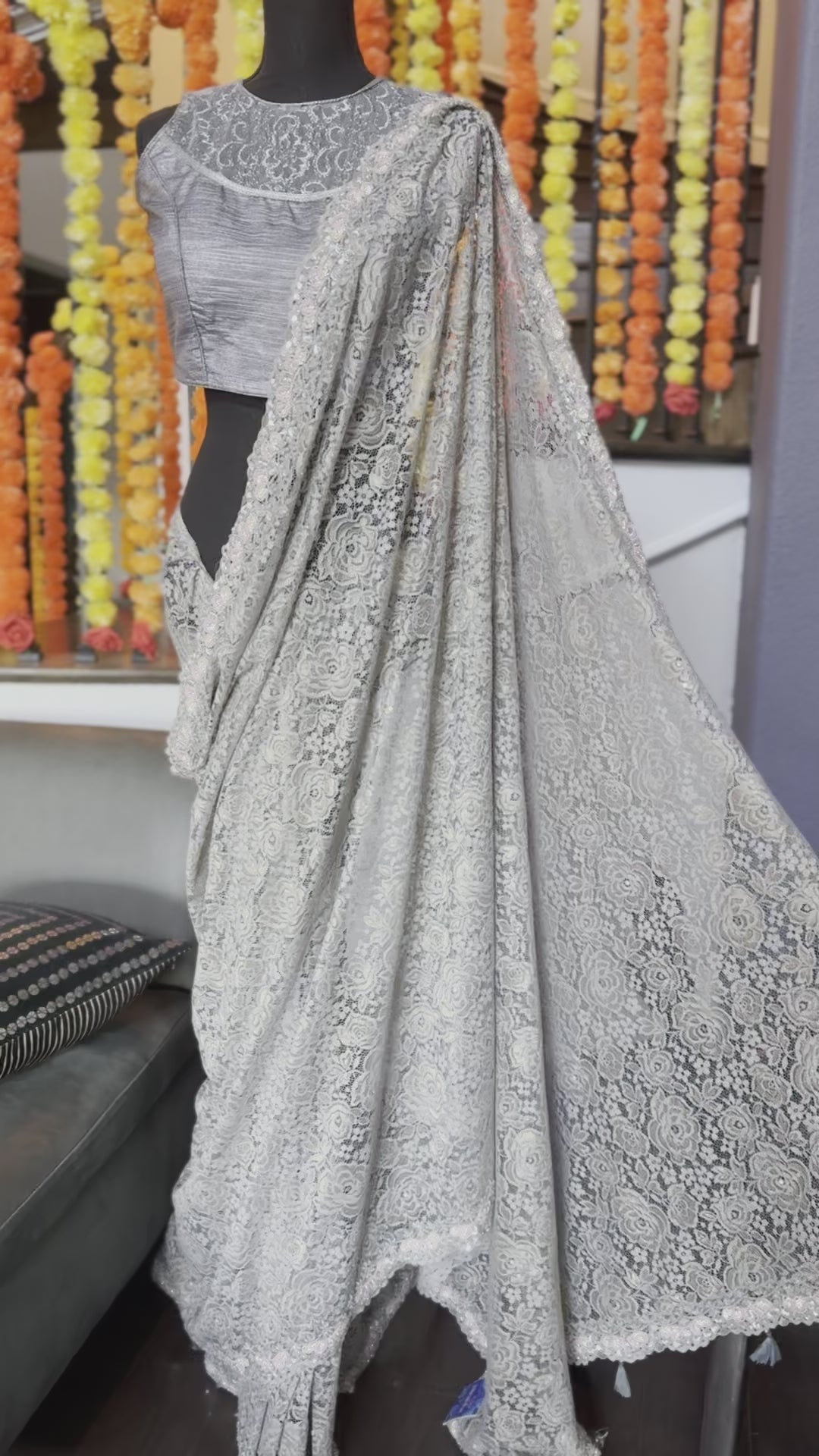 Designer Chantily Lace Saree - Grey Hand Embroidered