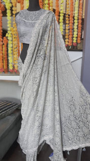 Designer Chantily Lace Saree - Grey Hand Embroidered