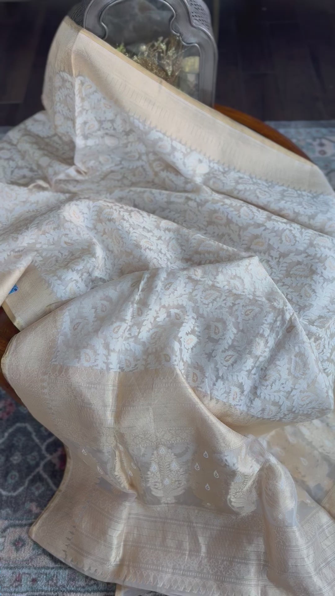 Pure Tissue Kora Silk Banarasi - Off White Golden Antique Zari