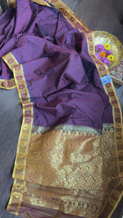 Soft Silk Kanjivaram - Wine color Tanchoi Golden Zari