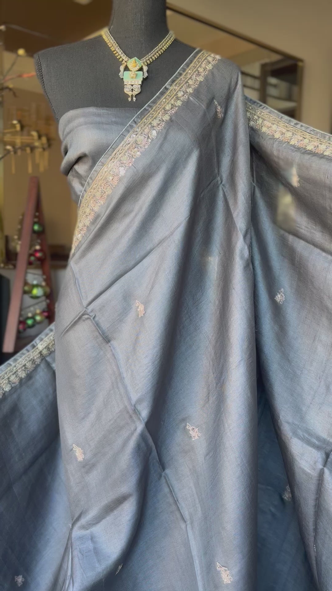 Designer Tussar Silk - Steel Grey Hand Embroidered