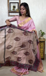 Pure Tussar Silk - Beige Grey Red Hand-Block Printed