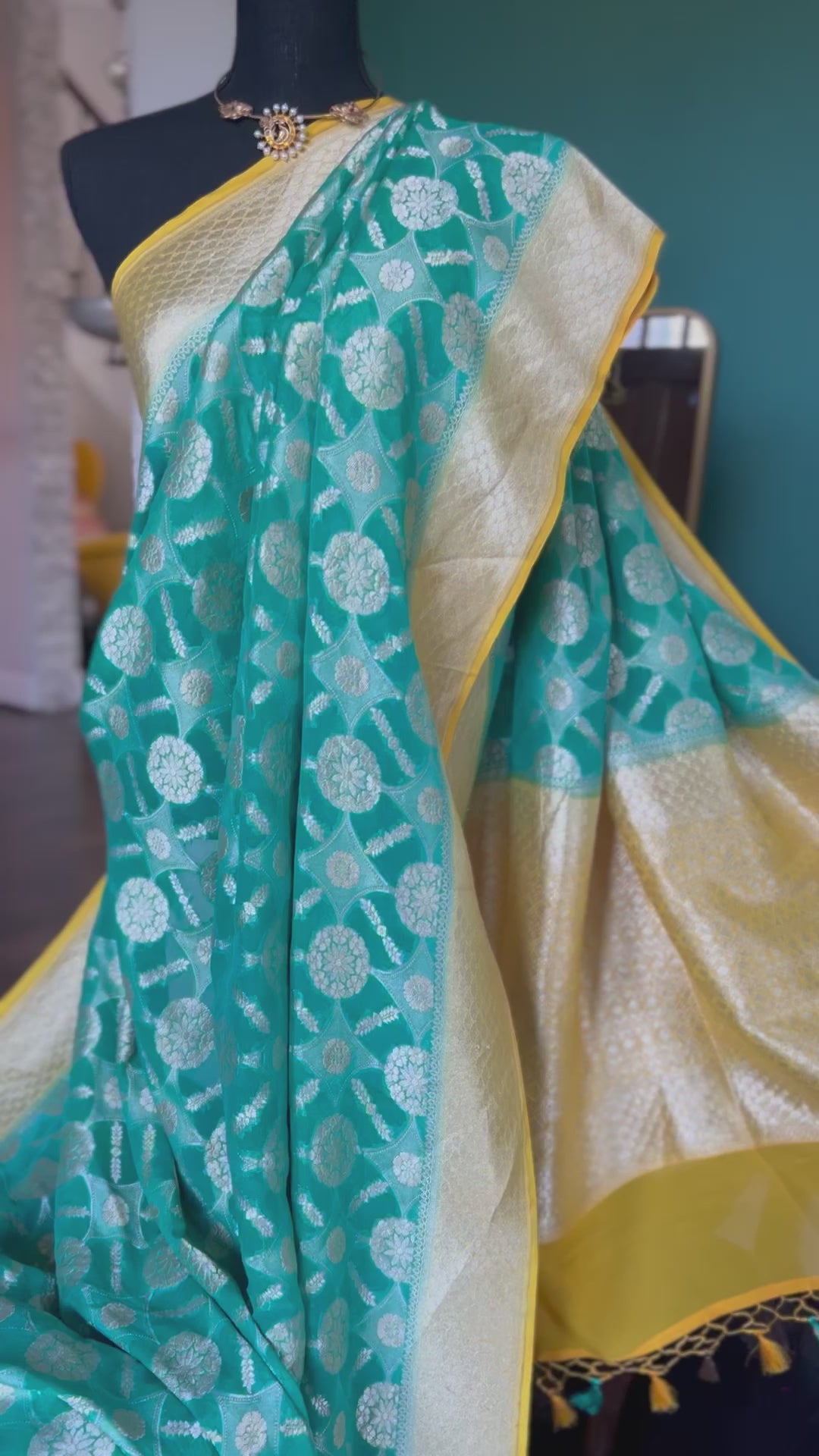 Khaddi Georgette Banarasi - Sea Green Yellow