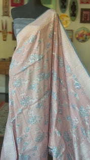 Khaddi Tussar Banarasi -  Peach Pink Grey Tilfi Antique Zari