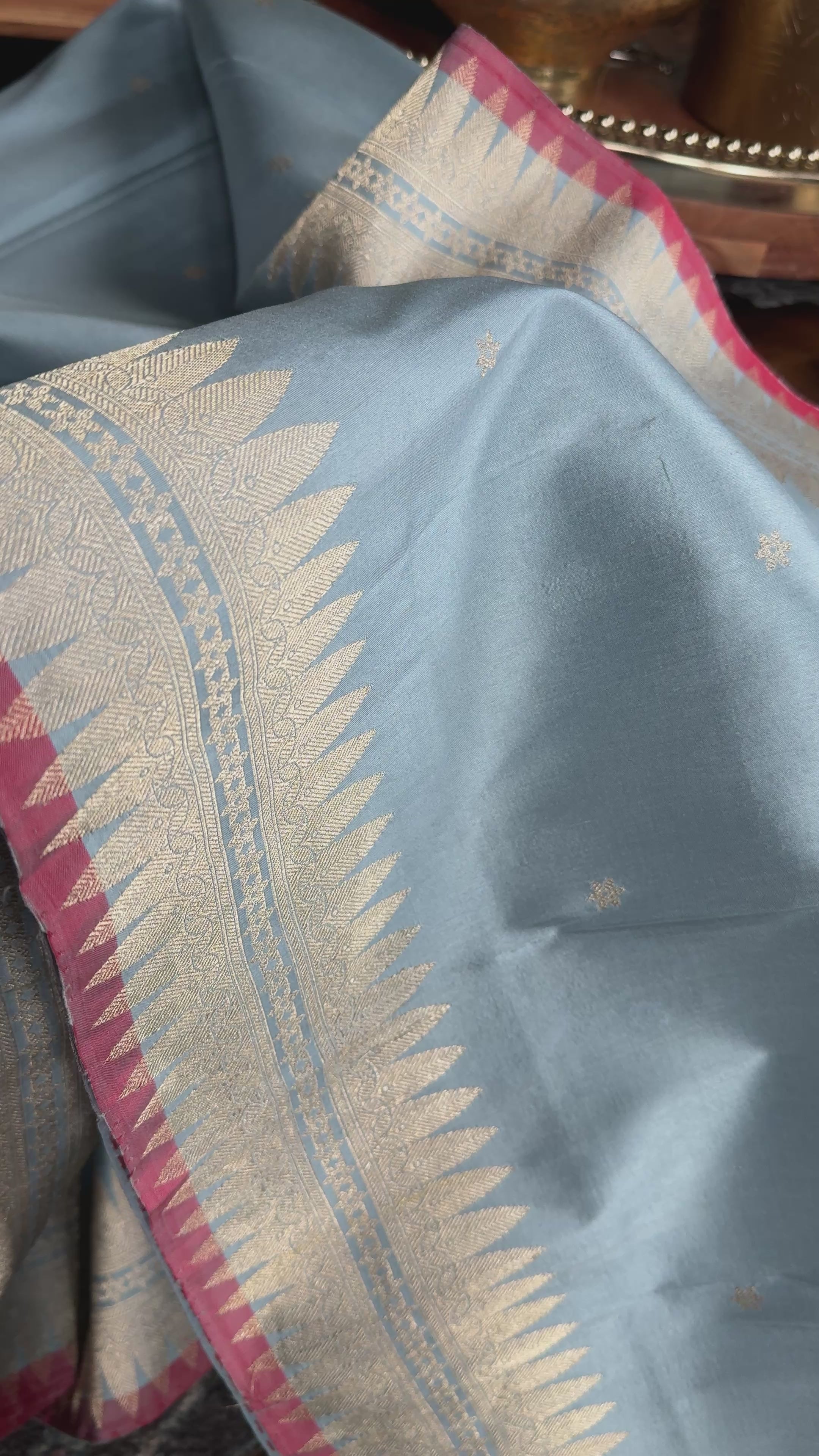 Katan Silk Banarasi - Soft Blue Grey Red Kadhua