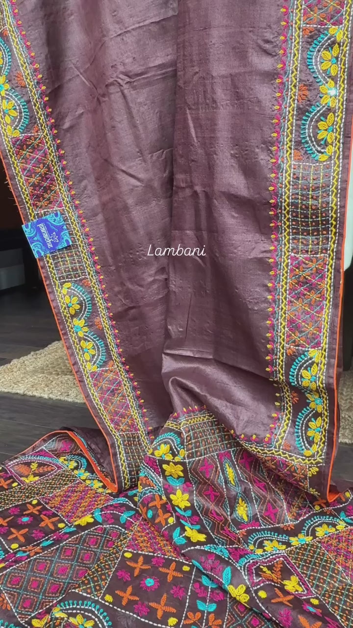Pure Tussar Silk Lambani - Chocolate Brown Hand Embroidered