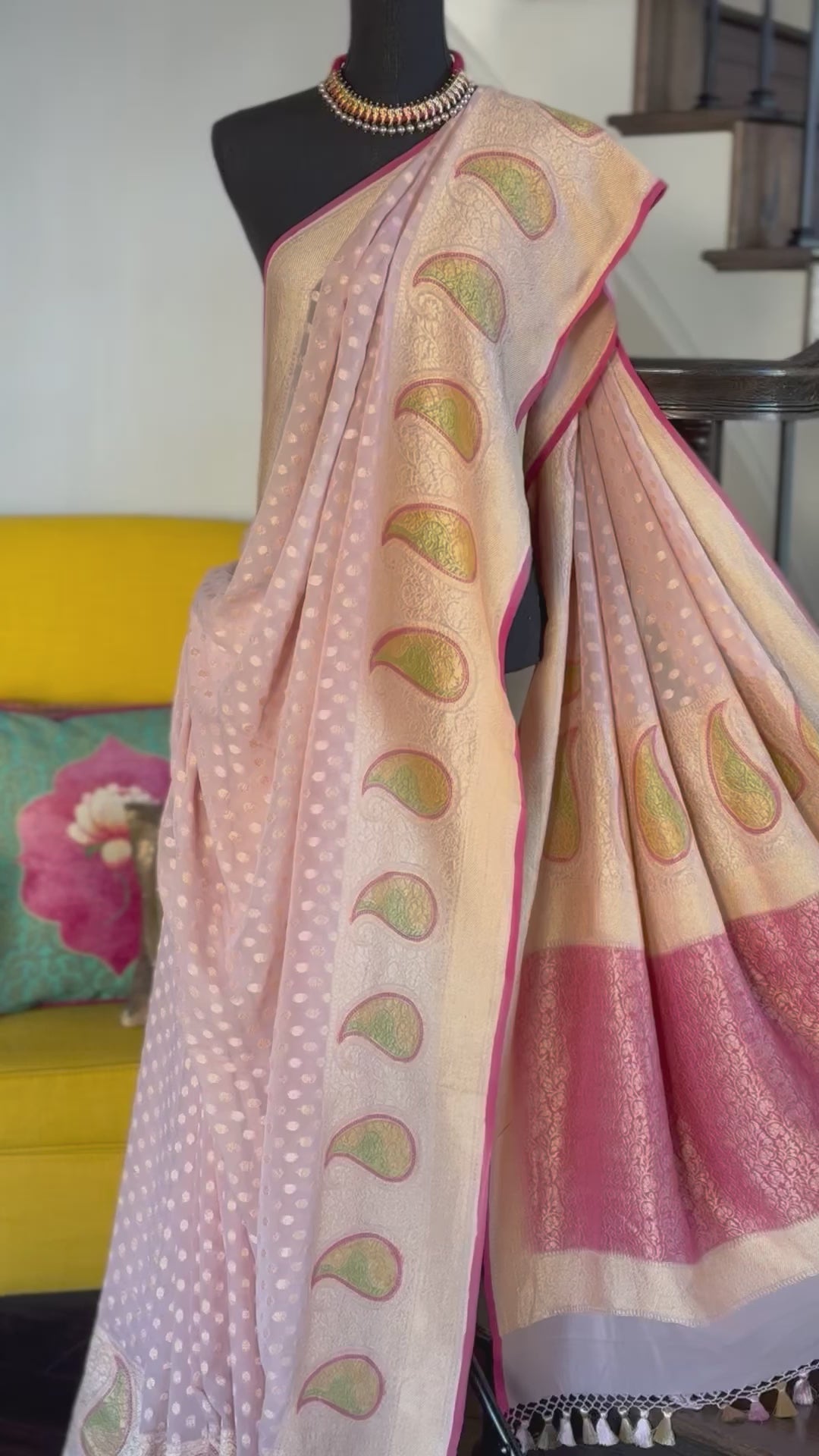 Khaddi Georgette Banarasi - Pink Hand Painted Meenakari