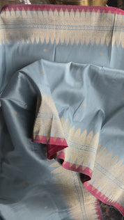 Katan Silk Banarasi - Soft Blue Grey Red Kadhua