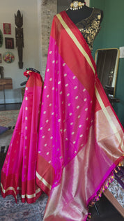 Pure Silk Mashru Banarasi- Rani Pink Red