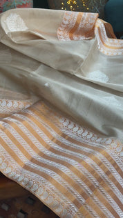 Organza Silk Banarasi - Tan Beige Orange Kadwa Motifs