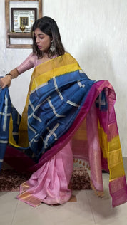 Pure Tussar Silk - Blue Yellow Pink Hand-Block Printed