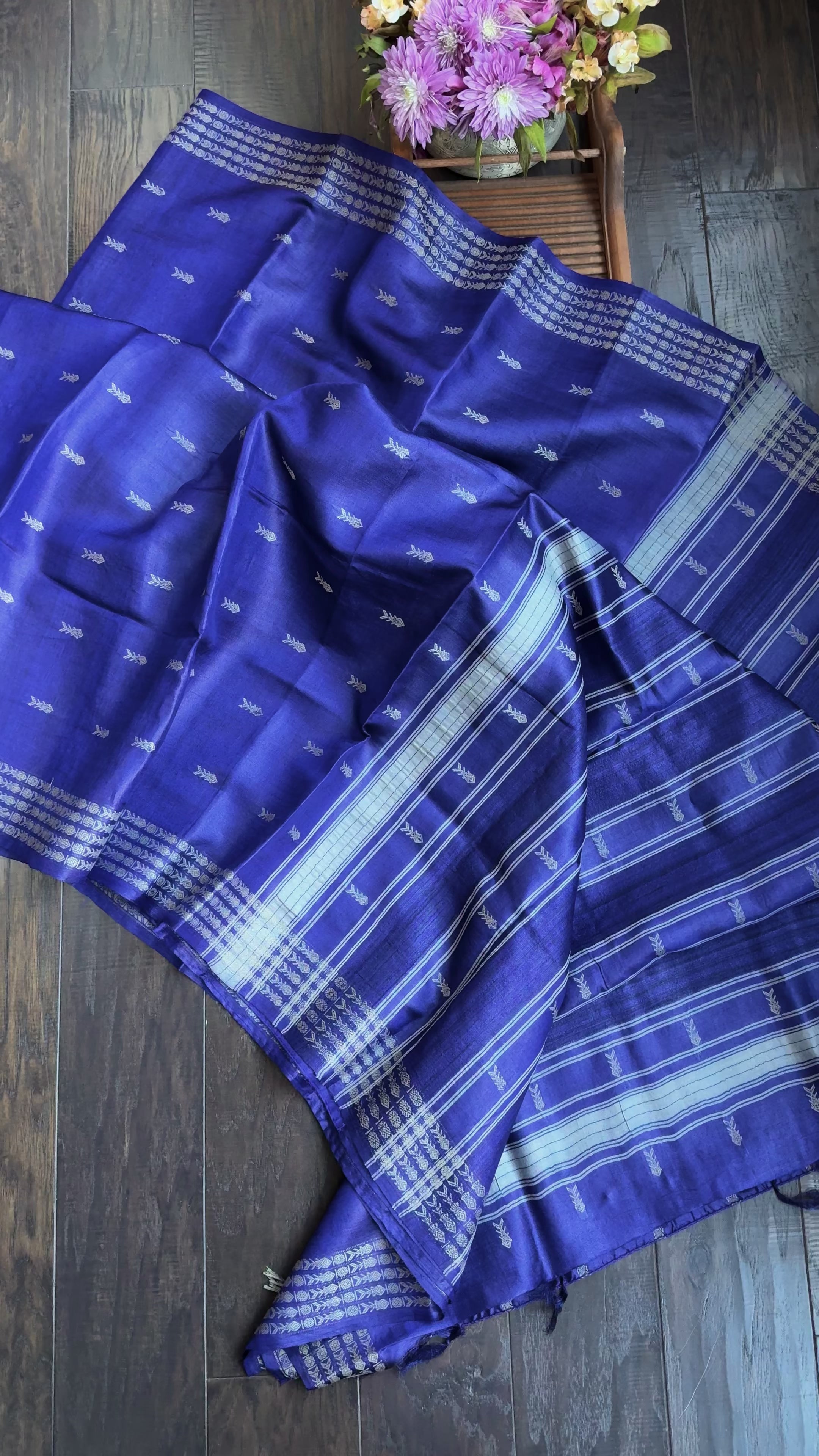 Handwoven Tussar Silk - Purplish Blue Golden Zari