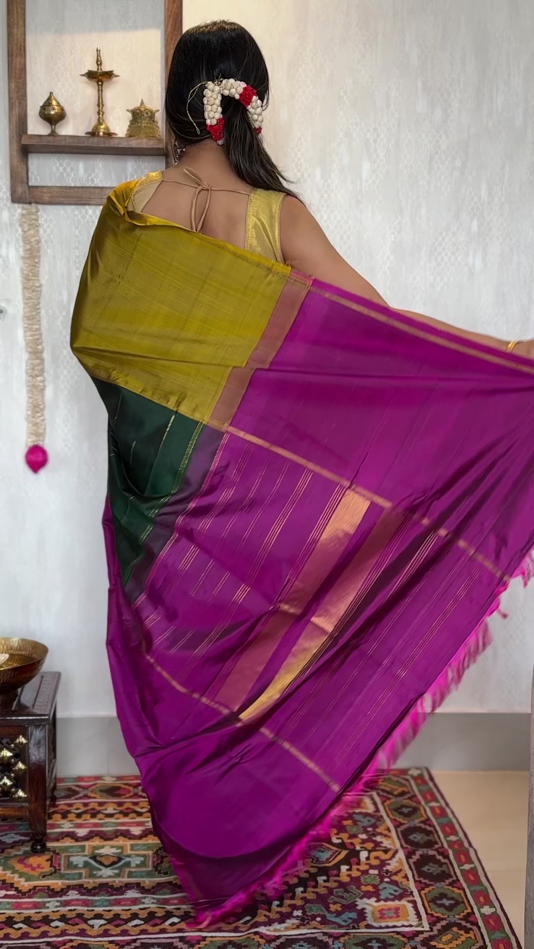 Pure Silk Mubbagam Kanjivaram - Golden Yellow Magenta Green Woven