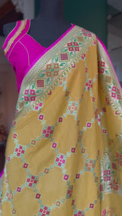 Khaddi Muga Silk Tilfi Banarasi - Yellow Pink Woven