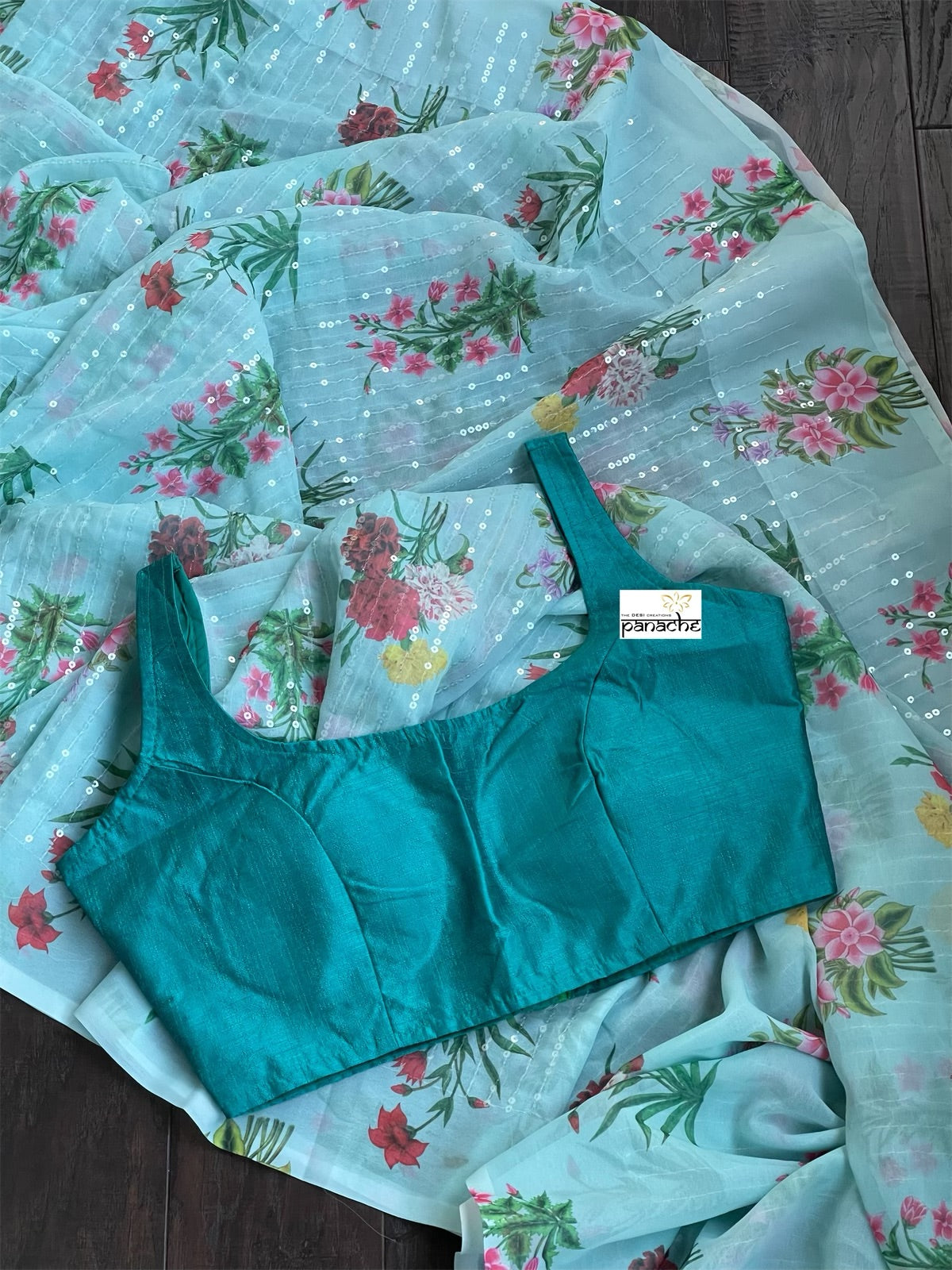 Designer Georgette Sequin Floral  - Sea Blue