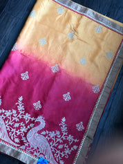 Designer Tussar Silk - Golden Yellow Raspberry Red