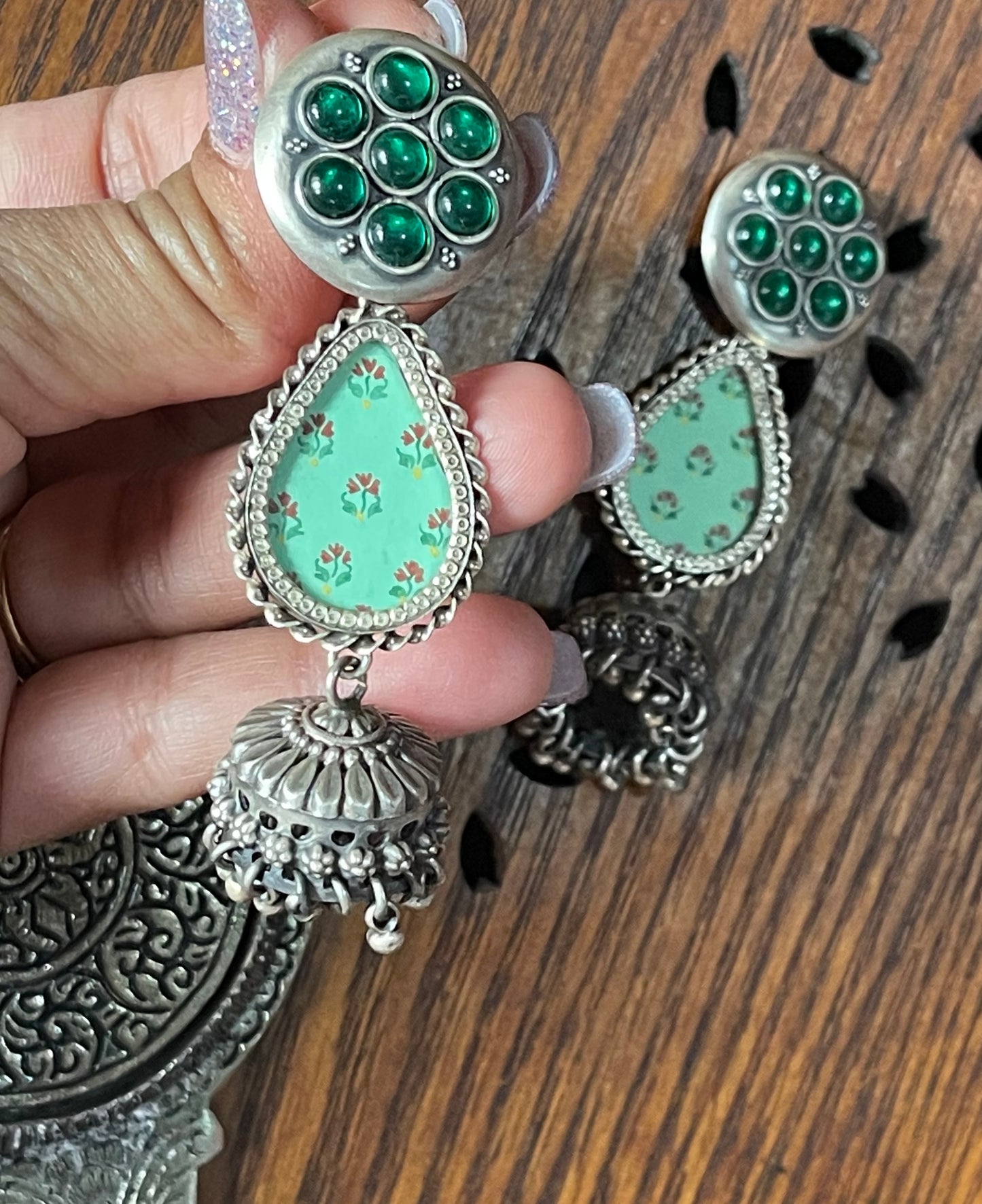 Earring 925 Silver- Hand Painted Green Kundan
