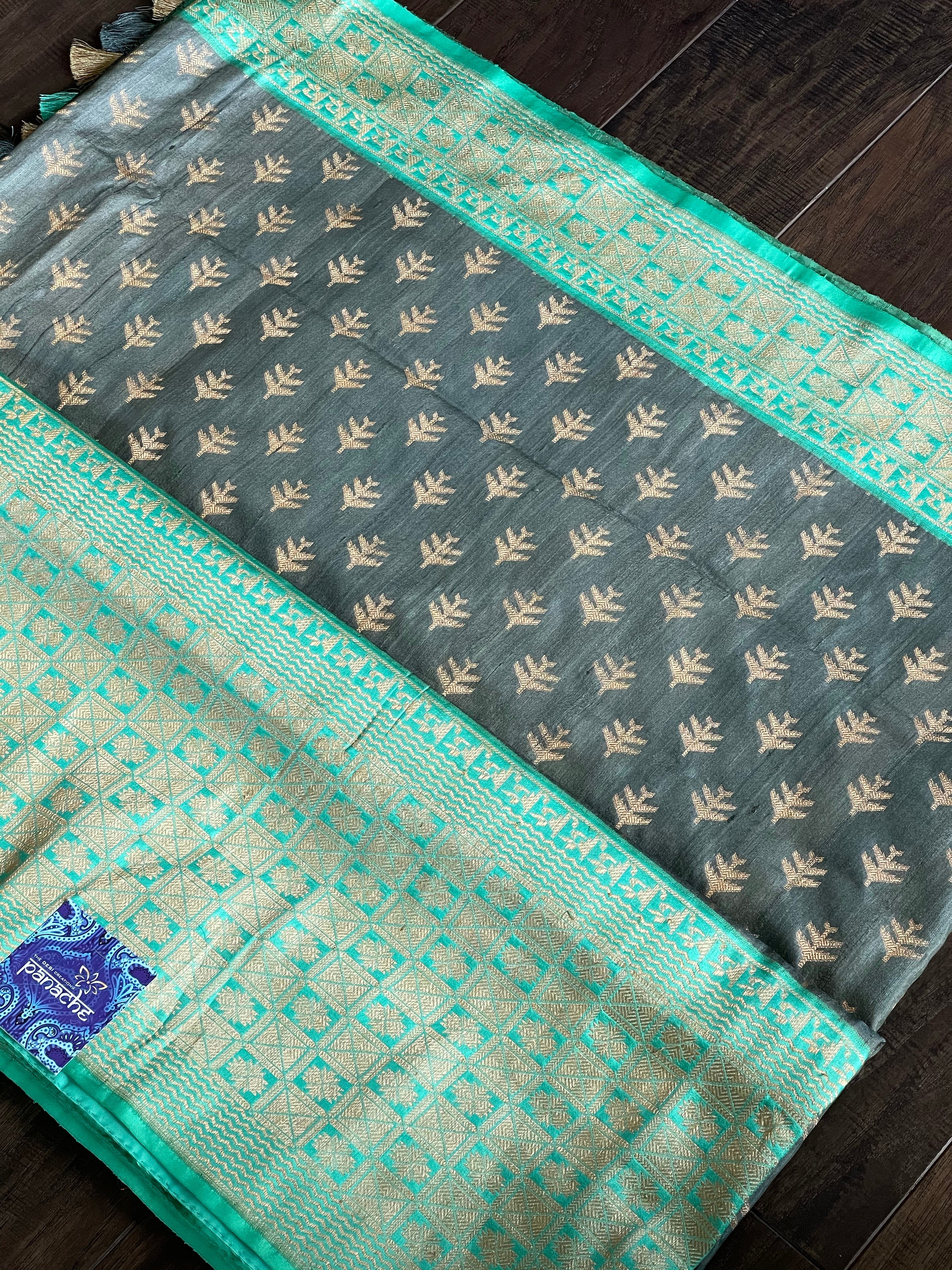 Pure Tassur Silk Banarasi - Grey Sea Green