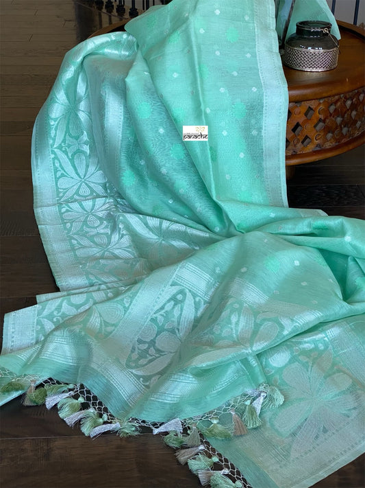 Linen Silk Banarsi - Mint Green Silver Zari