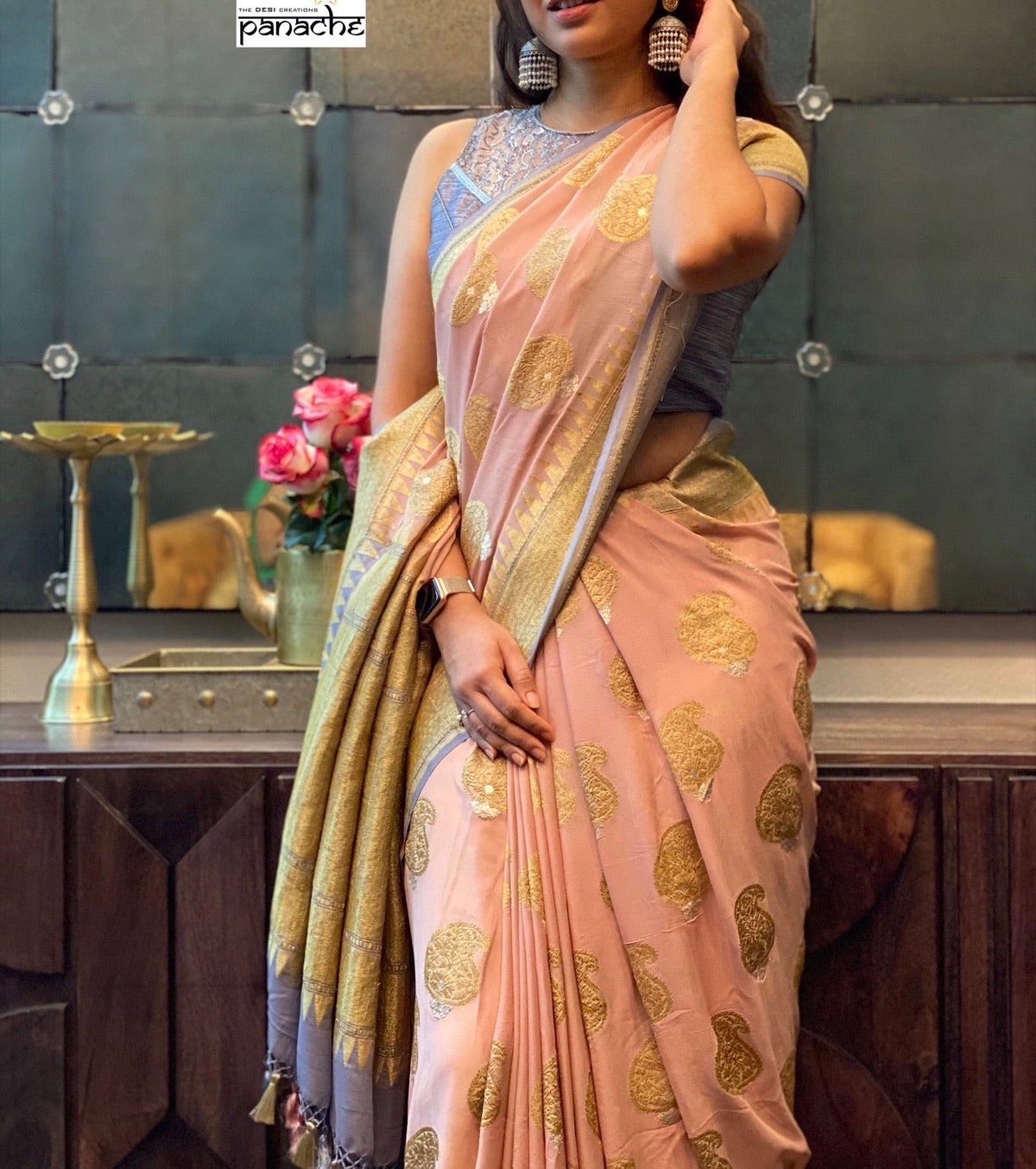 Pure Khaddi Georgette Banarasi - Pale Pink Grey Kadwa Woven