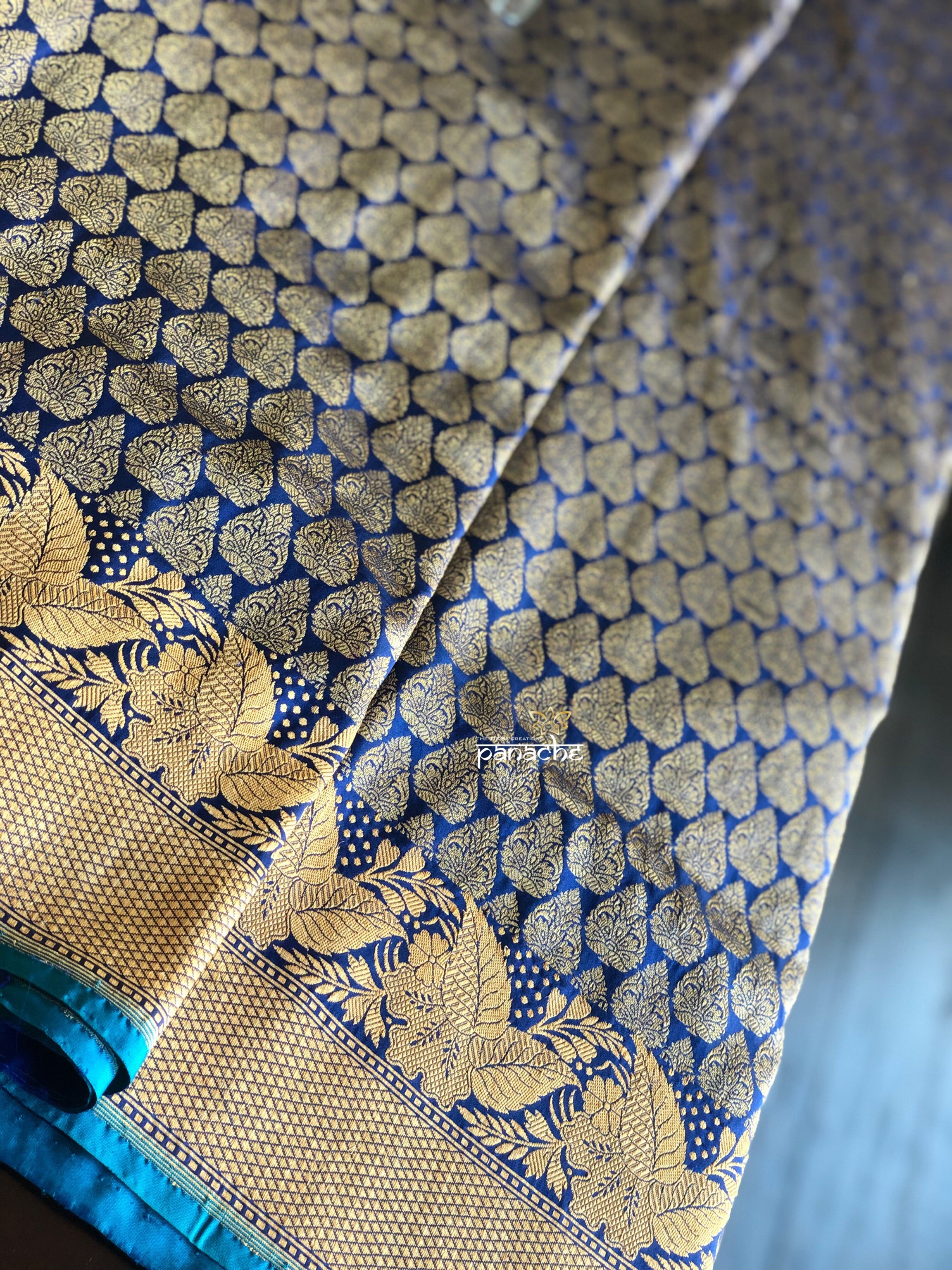 Tanchoi Silk Banarasi - Blue Antique Golden Zari