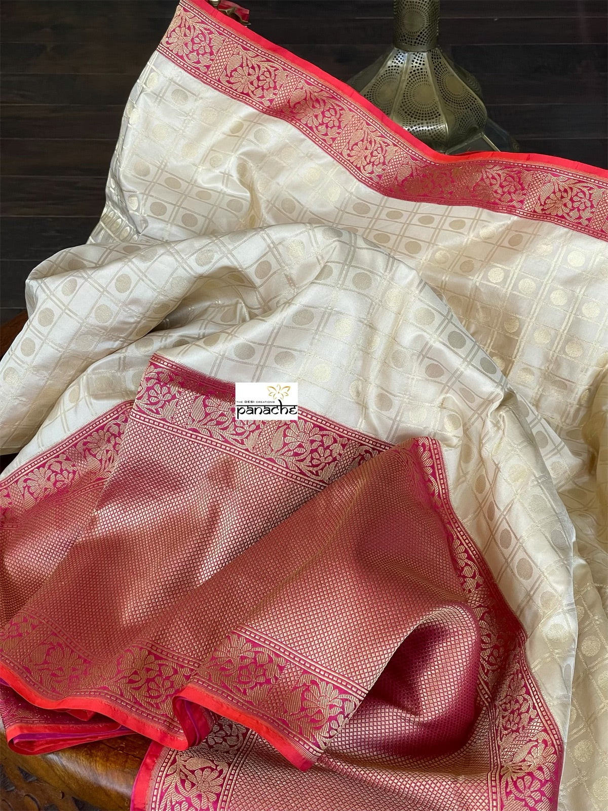 Pure Katan Silk Checkered Banarasi - Golden Beige Magenta Red Kadwa woven